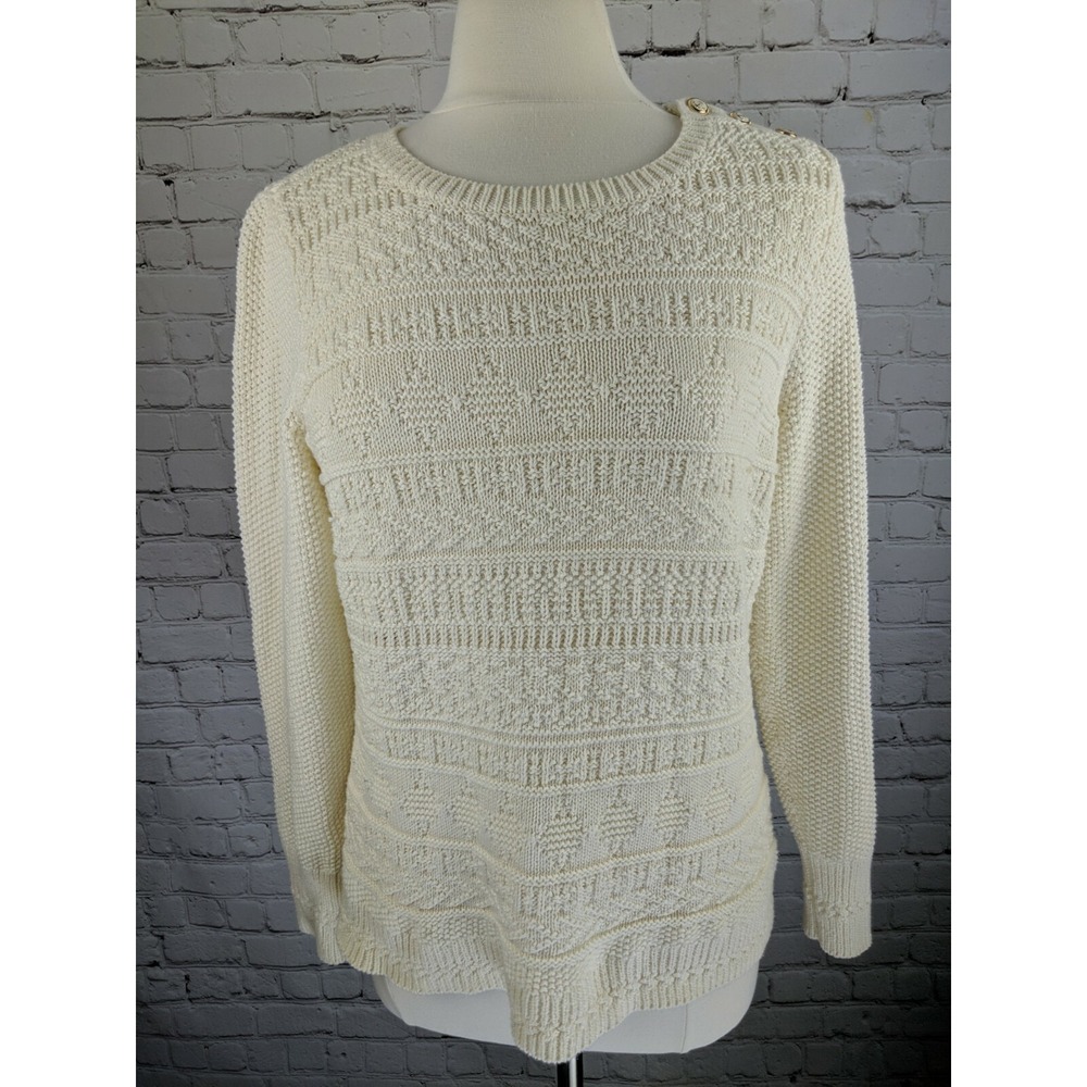 Talbots Large 100% Cotton Ivory Fisherman's Sweater Nautical Buttons Crew Neck